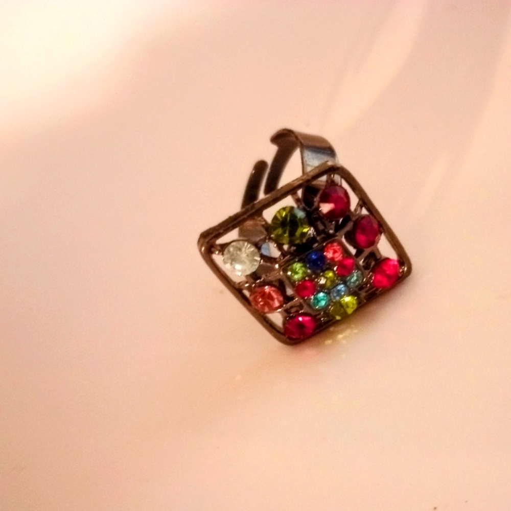 Black Adjustable Ring with Colorful Stones